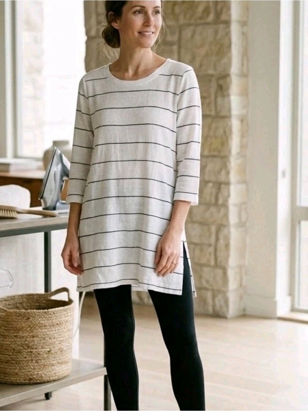 Eileen Fisher 100% Organic Linen Long White Striped Tunic Bohemian - Size Large
